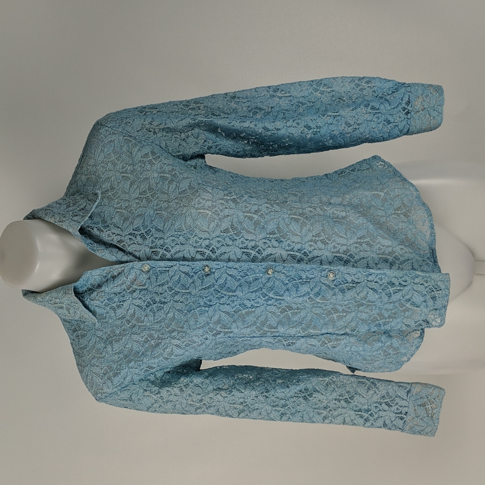 St Mario Women's Top Size Medium Blue Sheer Lace Long Sleeve Button Front Collar - Picture 2 of 13